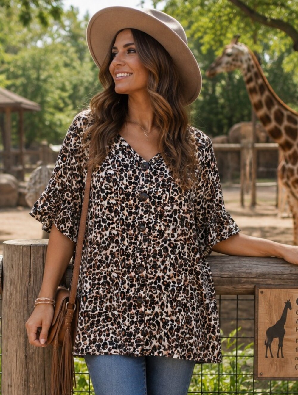 Umgee XL Leopard Print Button Down Tunic Top Ruffle Sleeve Boho - Picture 1 of 6